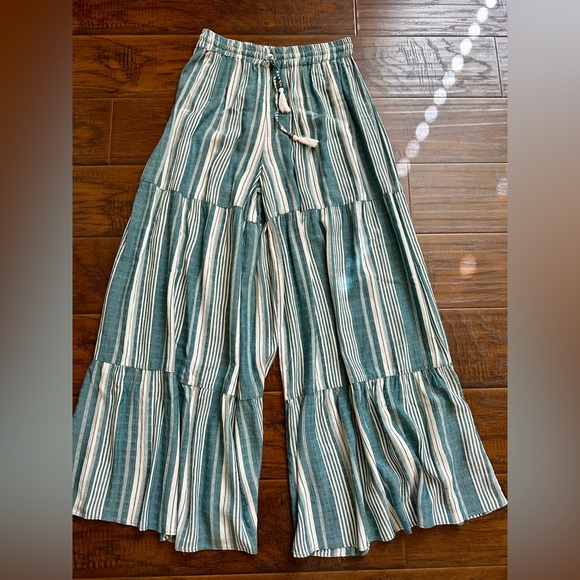 Angie Pants - Angie Teal Striped Tiered Wide Leg Pants